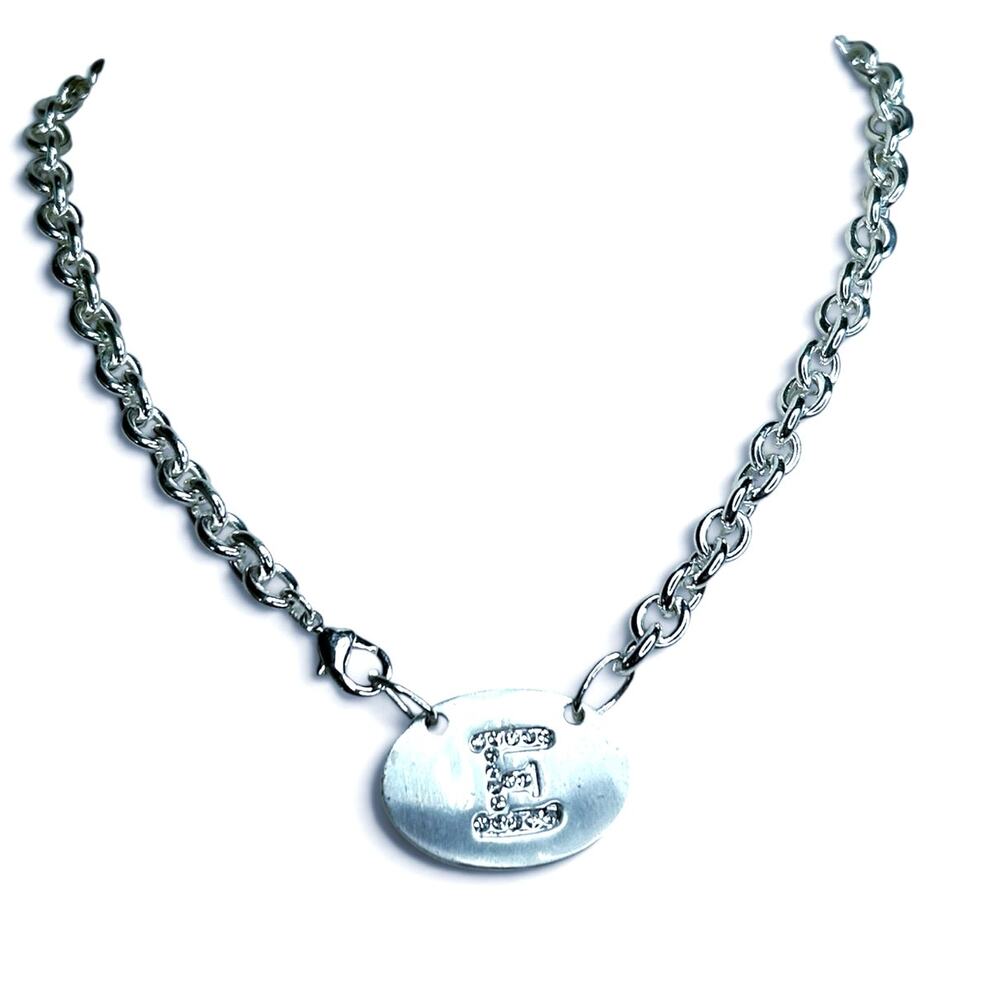 Silver Tone Oval Pendant Initial E Necklace Letter E Necklace